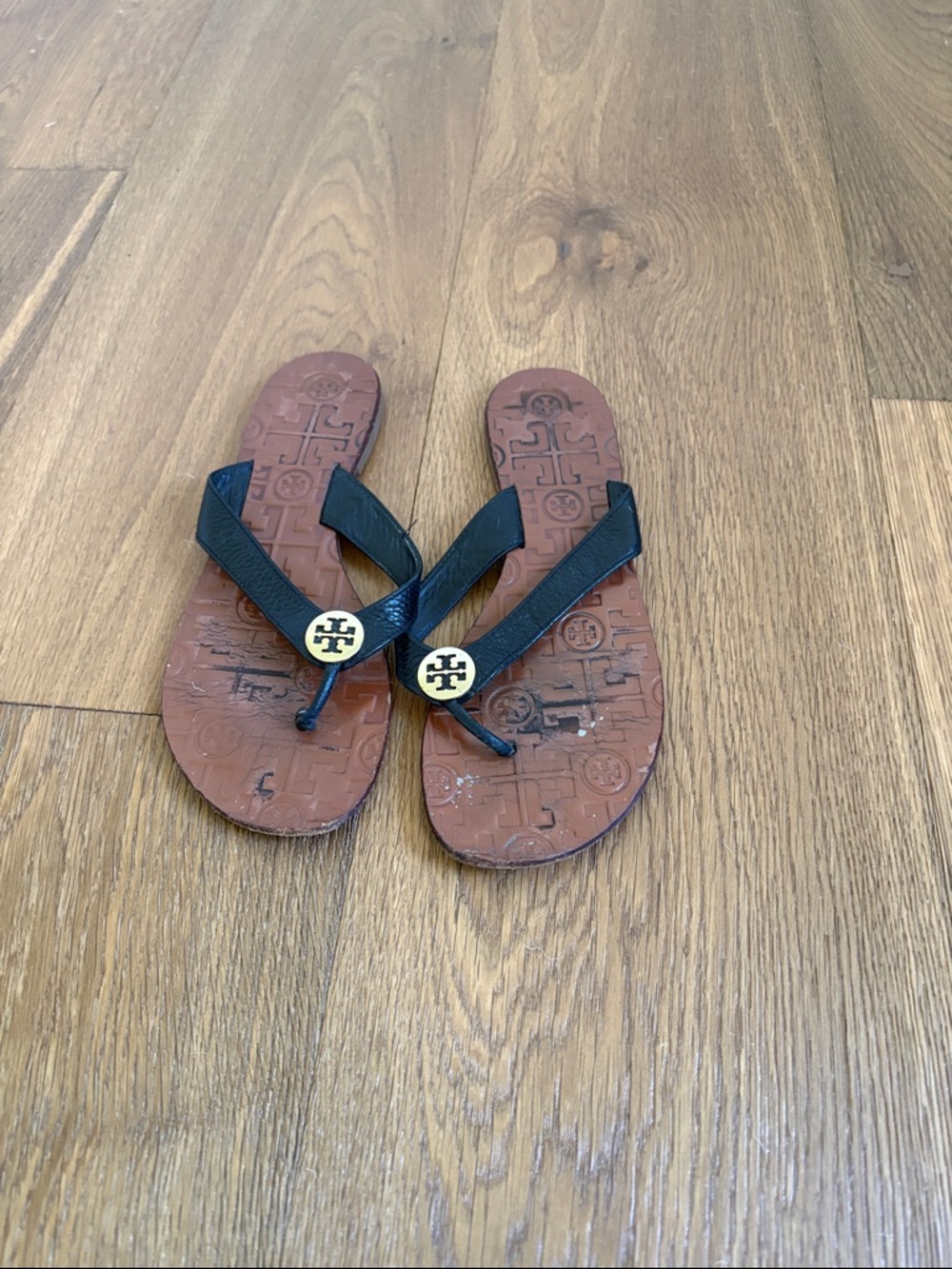 Tory Burch Black Strap Brown Footbed Logo Flip Flops